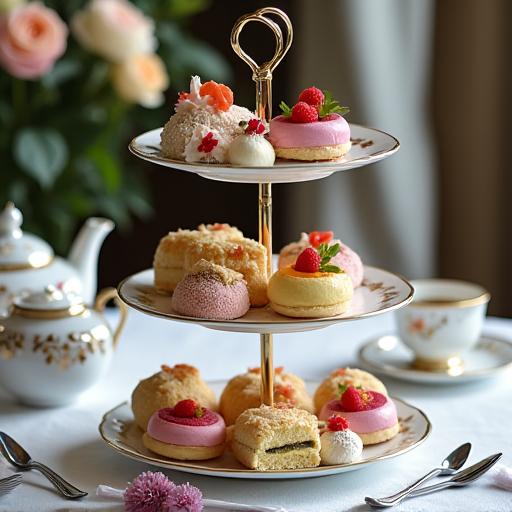 An elegant three-tiered stand with a variety of afternoon tea treats.