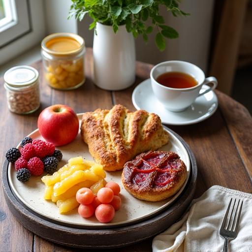 A beautifully plated artisanal breakfast with fresh fruit, pastries, and coffee.