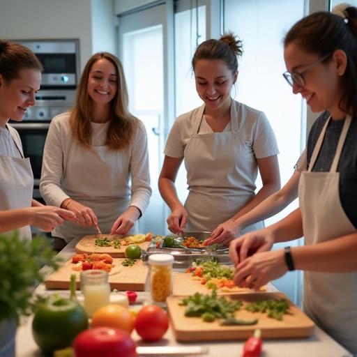 Guests participating in a fun and engaging culinary workshop in a bright kitchen.