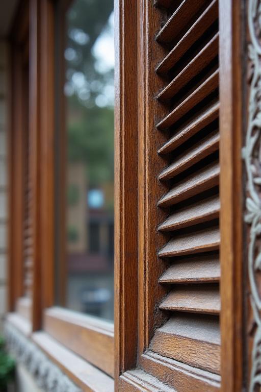Close-up of a heritage shophouse window with intricate details.