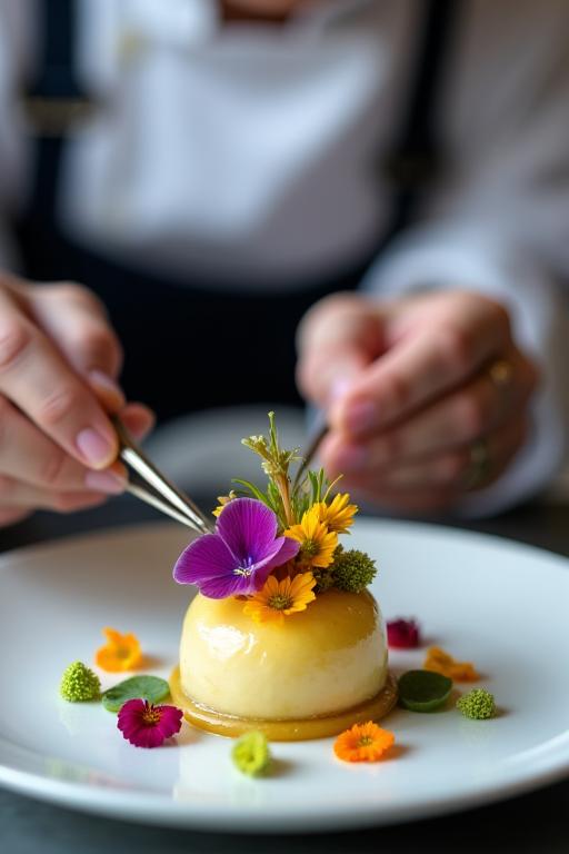Chef carefully plating a delicate dessert with edible flowers.