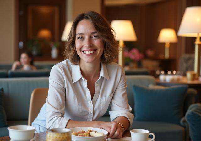 A guest smiling while enjoying afternoon tea in the hotel lounge.