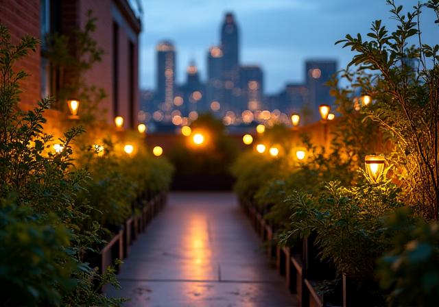 The hotel's rooftop herb garden illuminated at dusk.