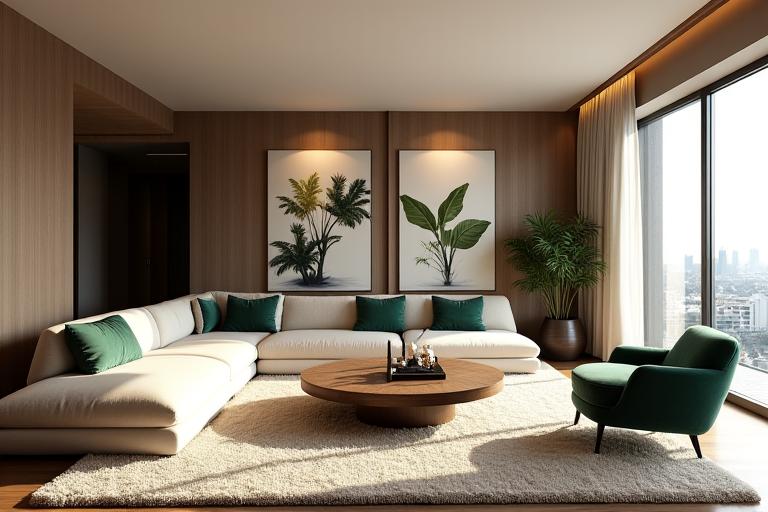 The spacious and stylish living area of the Galangal Deluxe suite.