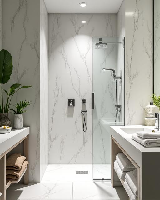 A modern bathroom with a rainfall shower and botanical details.