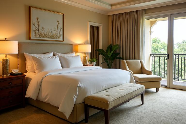 The elegant bedroom of the Ginger Lily Suite with a king bed and balcony view.